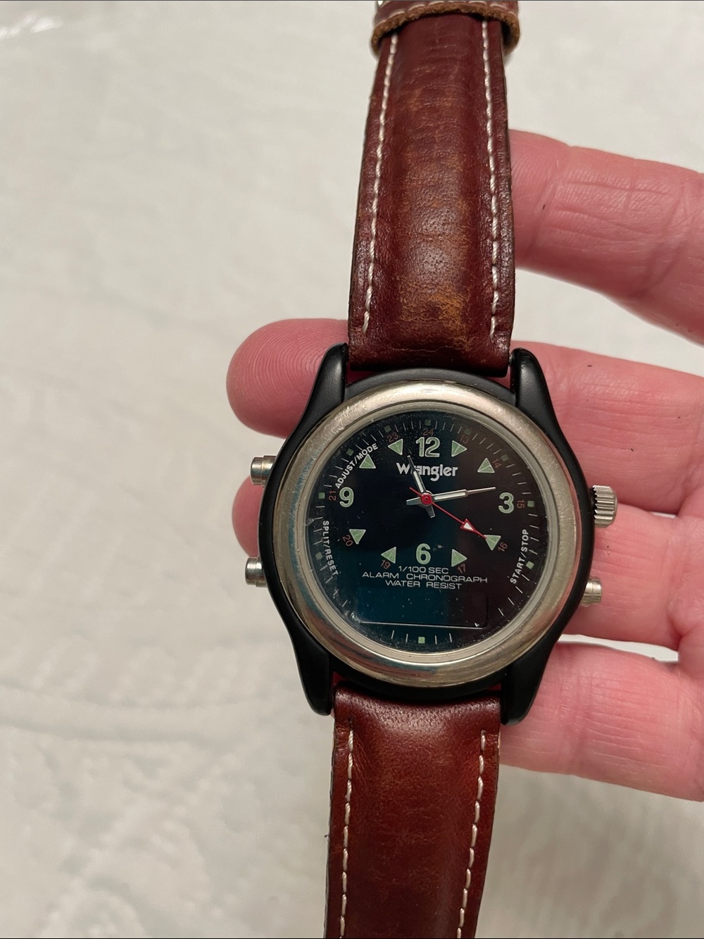 Vintage Wrangler Men’s Analog-Digital Alarm Wristwatch with Brown Leather Band